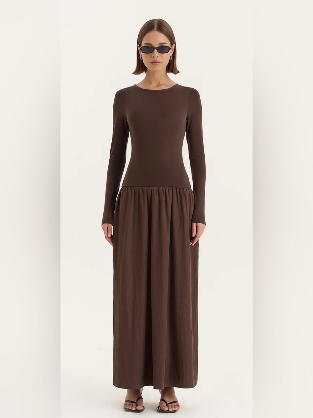 Women's Long Sleeve Brown Maxi Drop-Waist Dress